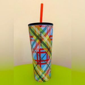 Starbucks Stripes Blue Yellow Orange Plaid Stainless Steel Tumbler